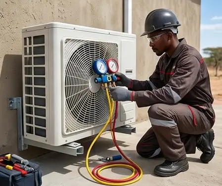 Illustration: Technician checking condenser pressures with manifold gauges