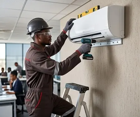 Illustration: Technician drilling a split air conditioner bracket in an office