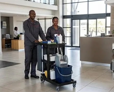 Illustration: Cleaning team with a loaded service trolley