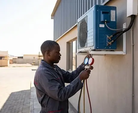 Illustration: Technician servicing a condenser unit with manifold gauges