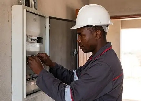 Illustration: Electrician wiring a distribution board