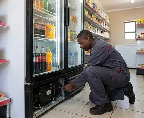 Illustration: Technician servicing a glass door display fridge