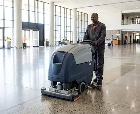 Illustration: Operator using a ride-on floor scrubber in a lobby