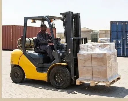 Illustration: Forklift moving a wrapped pallet