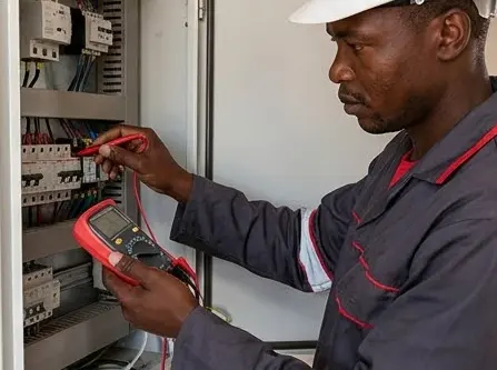 Illustration: Electrician testing a distribution board with a multimeter
