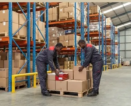 Illustration: Team packing boxes on a pallet in a warehouse